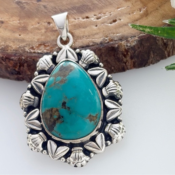 Pure Sterling Silver 925 Genuine Turquoise Pendant Southwest Navajo Style New - Picture 7 of 11